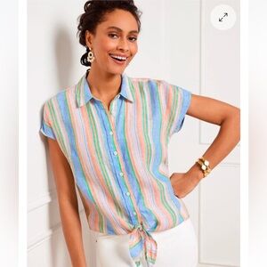 TALBOTS WOMAN LINEN TIE HEM BUTTON FRONT TOP - SWING STRIPE SIZE SP